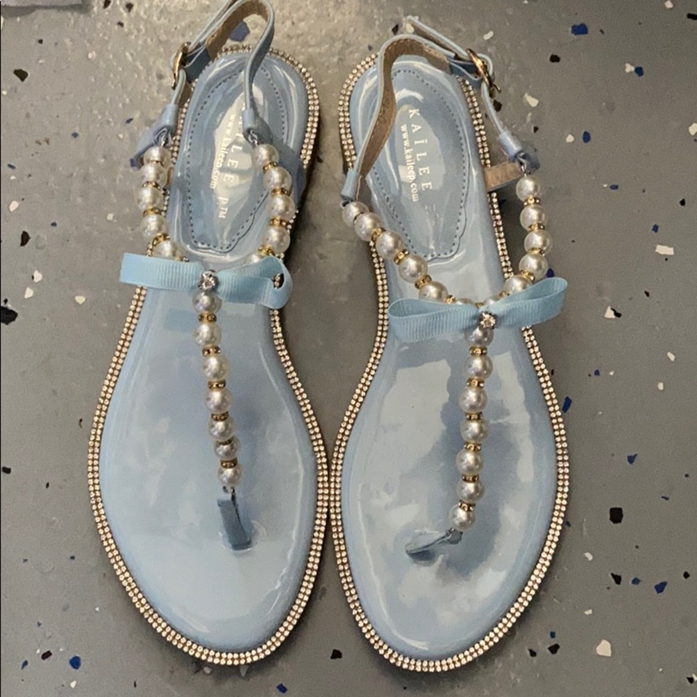 Light Blue Patent T-Strap Pearl Flat Sandals